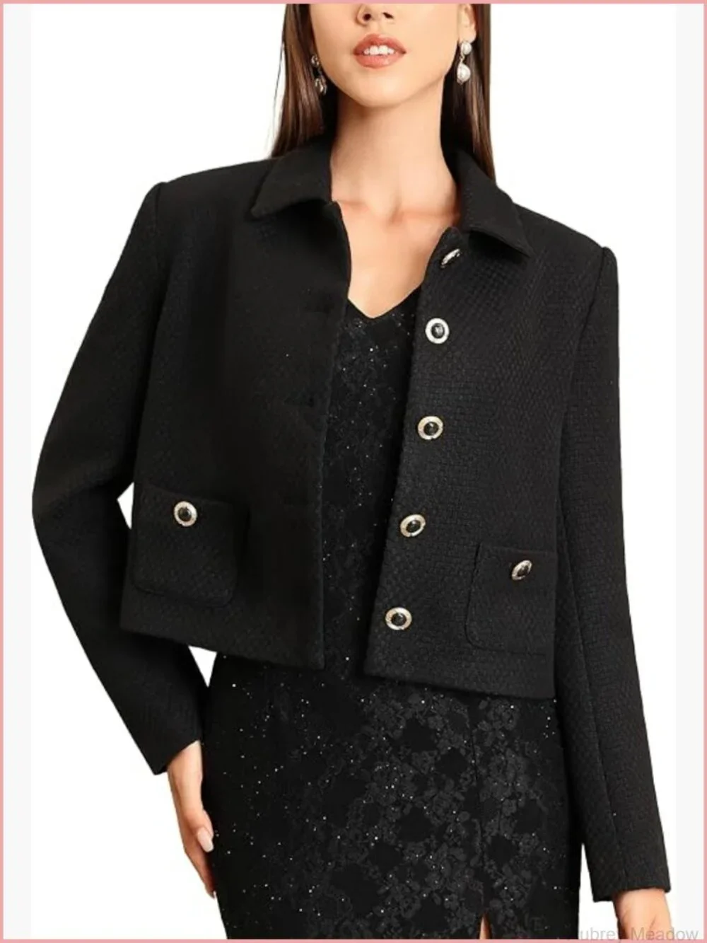 Cropped Tweed Blazer with Pockets Turn Down Collar Long Sleeve